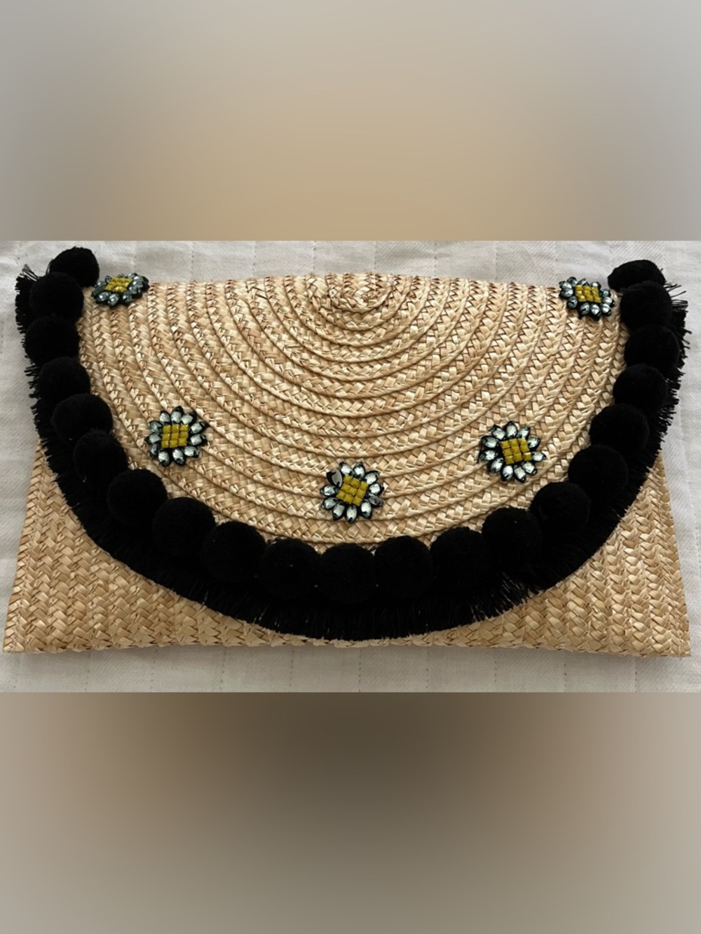 Straw Envelope Clutch with Black Pom Trim and Bead Flowers